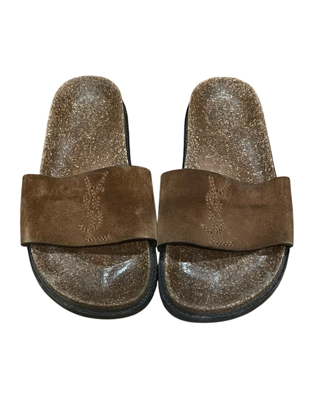 Saint Laurent Joan Brown Suede YSL Logo Slide Flat Sandals Women’s Size 38 Italy